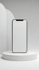 3D render of smartphone with blank screen on white podium vertical