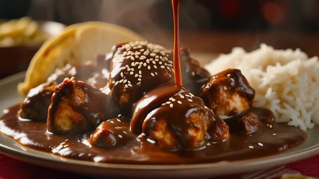 Authentic mexican chicken mole poblano with sesame seeds served with white rice and tortilla featuring a stream of rich sauce being poured over the dish