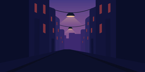Night alley illustration. Narrow street framed by tall buildings. Single hanging lamp casting warm light. Strong light contrast. Quiet cinematic atmosphere.