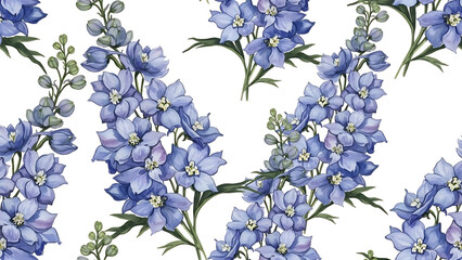 Seamless pattern of blue delphinium flowers on white background
