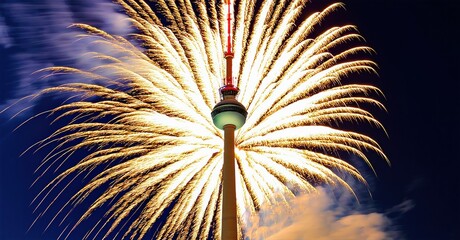 Tower illuminated by vibrant fireworks display. Night scene features bright explosions, dynamic light trails, beautiful sky.