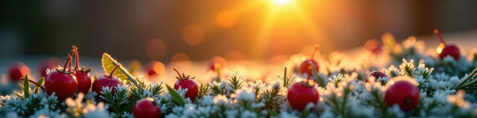 Golden hour light on frosted grass and red berries , wild, plant life, landscape