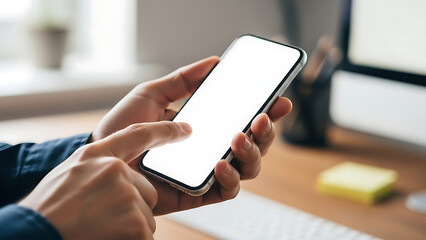 Hands using smartphone with blank white screen on office desk