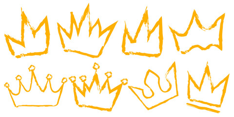 Handdrawn crown vector set with orange sketch lines, abstract royal symbol collection
