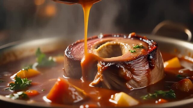Delicious osso buco or braised meat dish being served with rich brown gravy poured over the center cut of meat and vegetables in a steaming skillet.