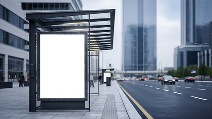 Blank white billboard mockup at bus stop in modern city