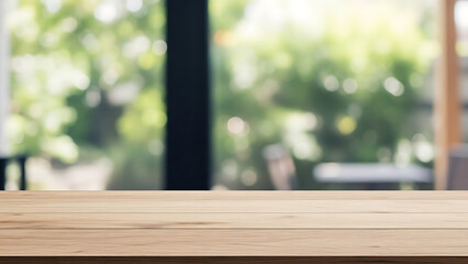 Empty wooden table top with blurred green nature background