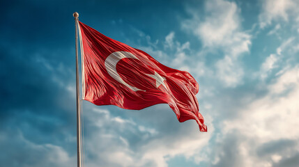 Turkey , Turkish National Flag Waving in the Wind Against Clear Blue Sky, Symbol of Sovereignty, National Pride, Independence and Cultural Identity