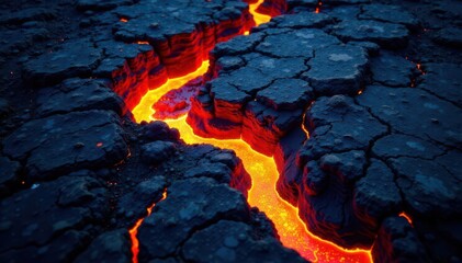 Orange lava glows within deep ground fissures Top-down view of volcanic eruption , texture, crack