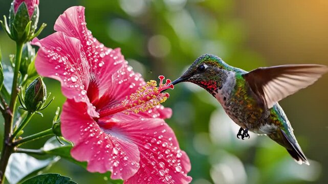Small bird drinking nectar from pink flower close up