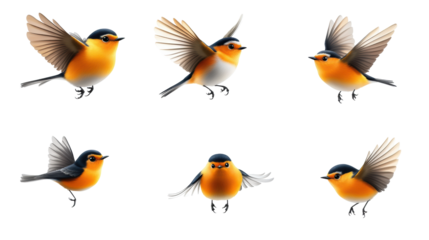 Colorful Kinglet on Transparent Background, Set of Six Birds