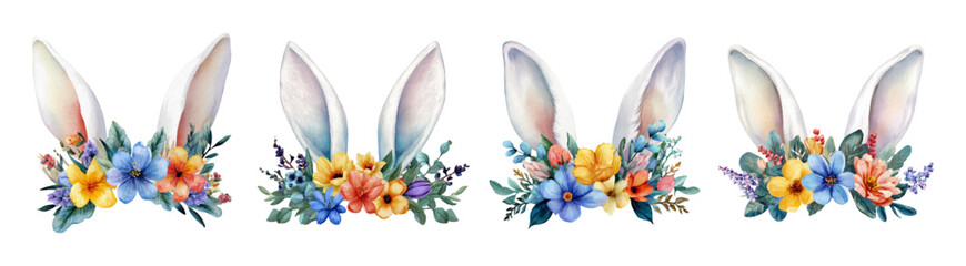 Spring Easter bunny ears with floral wreath. Spring and Easter frame. Frame with rabbit ears and flowers for spring and Easter designs. Vector illustration. © Narin