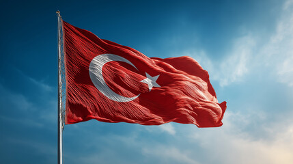Turkey , Turkish National Flag Waving in the Wind Against Clear Blue Sky, Symbol of Sovereignty, National Pride, Independence and Cultural Identity