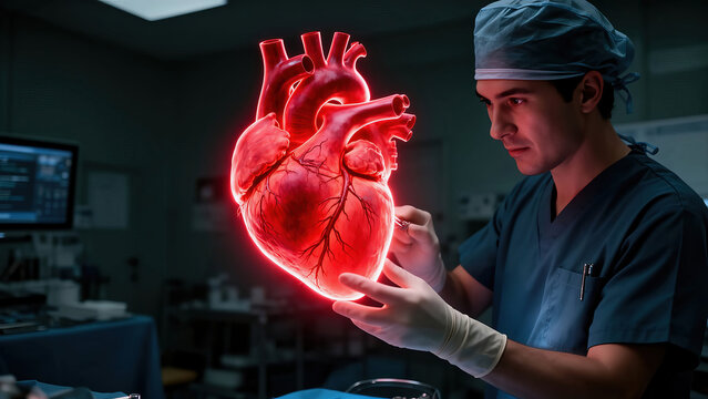 Surgeon examines digital heart model in medical facility during daytime Generative AI - Powered by Adobe