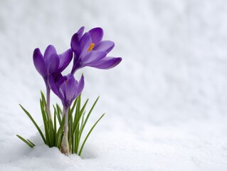Purple crocus flowers blooming in snowy landscape