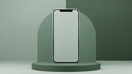 3D smartphone mockup with blank screen on green geometric podium