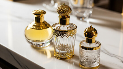 Luxury arabic perfume bottles: crystal, gold, and marble elegance