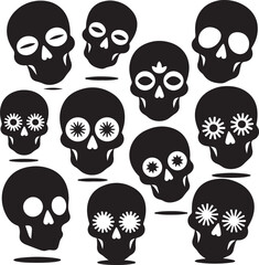 Set of black skulls with white details and flower designs