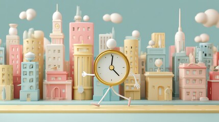 Whimsical clock character walking through pastel cityscape