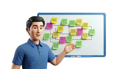 Man presenting whiteboard with sticky notes