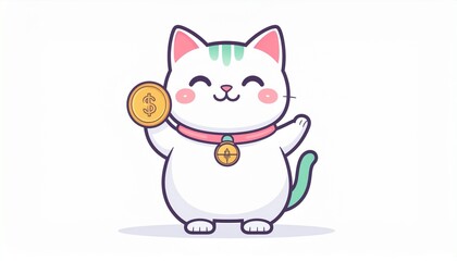 Cute cartoon cat holding dollar coin smiling happily