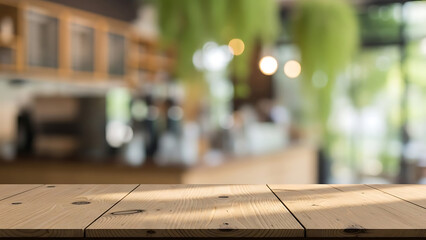 Empty Wood Table Top with Defocused Sunlit Garden Cafe Background