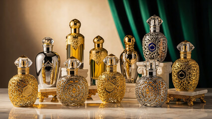 Unlabeled arabic gold and crystal perfume bottles luxury display