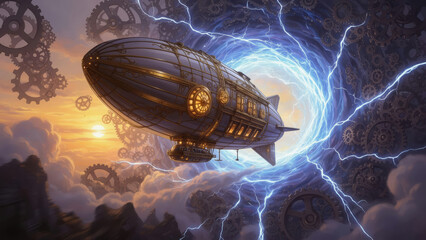 Steam-powered airship travels through a circular portal with lightning and gears in the background at sunset in a fantasy world Generative AI