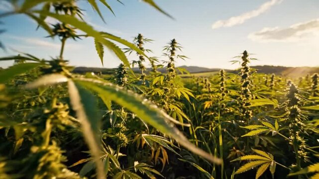 Low angle view of cannabis plants in field with the sun shining and mountains in the background