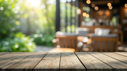Empty Wood Table Top with Defocused Sunlit Garden Cafe Background