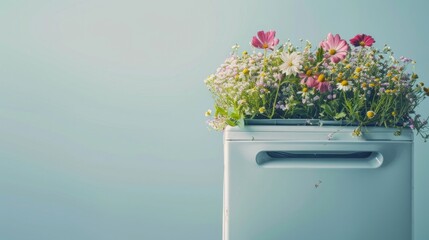 Vintage white container filled with colorful flowers, including daisies and cosmos, against a soft pastel background, creating a serene and cheerful atmosphere with natural beauty