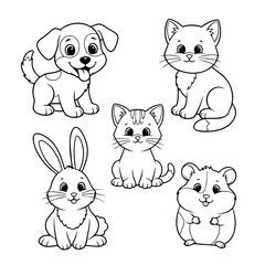 Vector illustration of a Pet Animals Coloring Page for kids