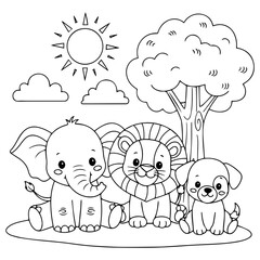 Vector illustration of a Safari Animals Coloring Page for kids