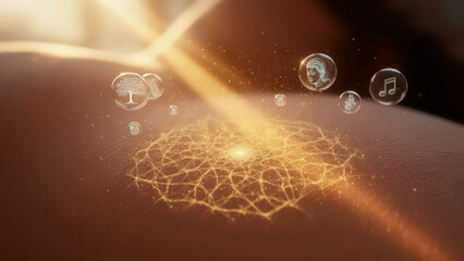 Light shines on a surface with floating symbols representing various concepts and ideas during a creative moment Generative AI