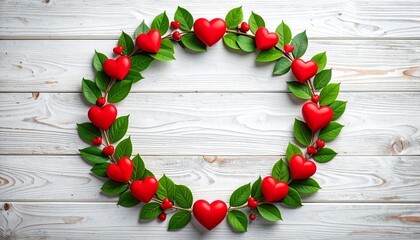 Romantic heart wreath on rustic wooden background for Valentine's Day