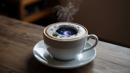 Steaming hot latte with a galaxy swirl on a wooden table, a cosmic morning brew.