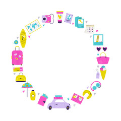 Retro Travel and Vacation Collection. Flat Vector Illustration on White Background. Nostalgic Summer Holiday Set.