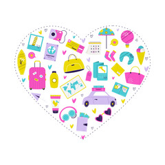 Retro Travel and Vacation Collection. Flat Vector Illustration on White Background. Nostalgic Summer Holiday Set.