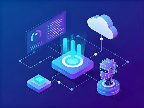 Isometric artificial intelligence concept with robot head cloud computing and dashboard - Powered by Adobe