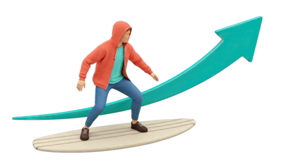 Person Surfing on Upward Trend Arrow