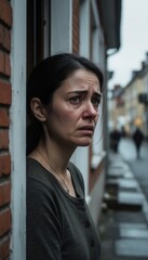 A woman stepping outside her home with a tense, emotional expression, suggesting a moment of distress, urgency, or vulnerability in a residential setting.