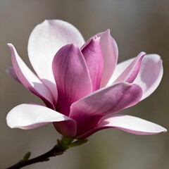 Fototapeta premium Elegant pink magnolia flower in full bloom with soft petals and natural light, ideal for spring, beauty, and nature themes.