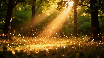 Sunlight shines through trees and creates a magical scene with glowing particles in a forest during late afternoon Generative AI