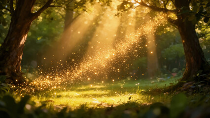 Sunlight shines through trees creating sparkling effect in a forest during the afternoon Generative AI
