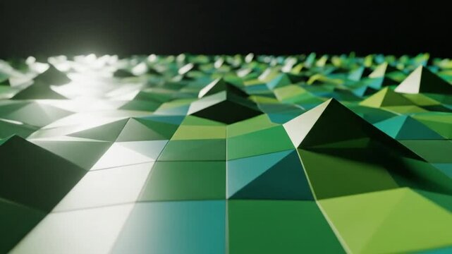 Abstract geometric 3D rendering of vibrant green and teal triangles, artistic modern background with low poly texture