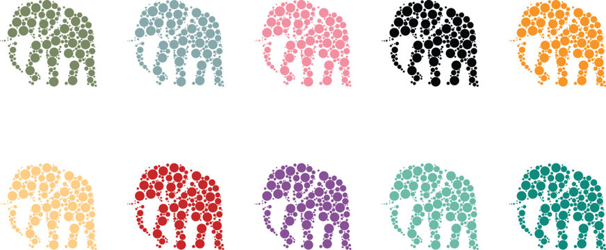 Colorful dot art elephant silhouettes on white background, Mosaic elephant wildlife icons