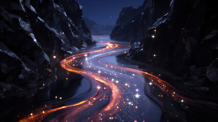Flowing light on a winding river through dark rocks at night surrounded by a starry sky Generative AI