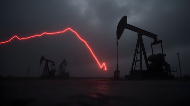 Oil pumps in a dark landscape with a declining red graph line - Powered by Adobe