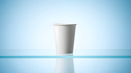 A white paper cup on a reflective surface with a blue background