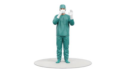 Surgeon in Scrubs and Mask Holding Up Hand